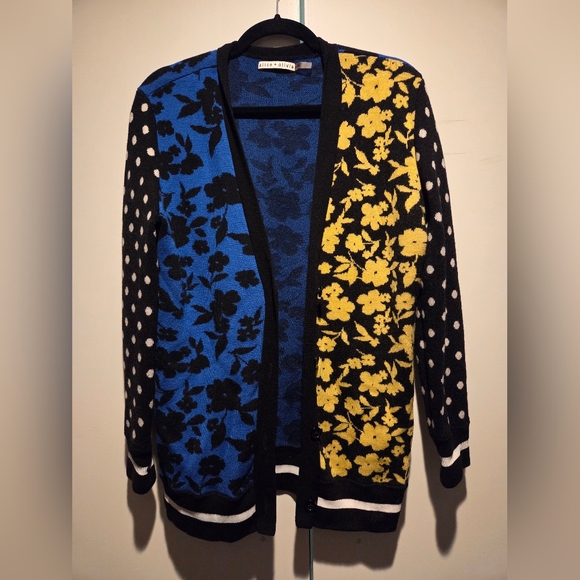 Alice + Olivia Sweaters - Alice + Olivia Blue Yellow Black And White Floral Cardigan